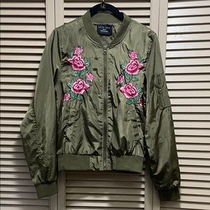 Love Tree Olive Bomber Jacket with Pink Floral Design